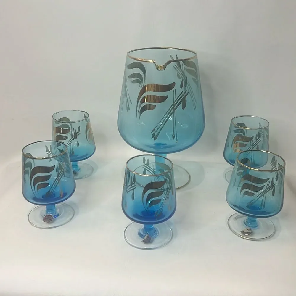 Italy Bar Spout Pitcher 5 Glass Vintage Cobalt Venetian Blue Hand Painted Gold